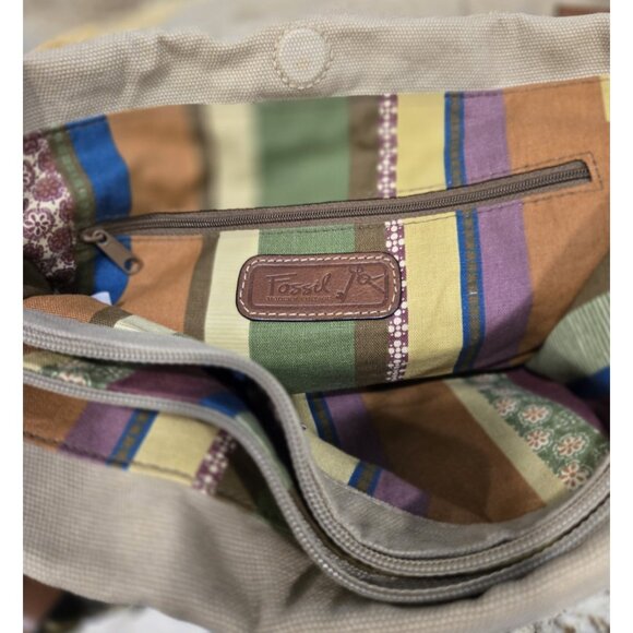 Fossil Modern Vintage Canvas & Leather Tote Bag Multiple Pockets Key Charm - Picture 8 of 11